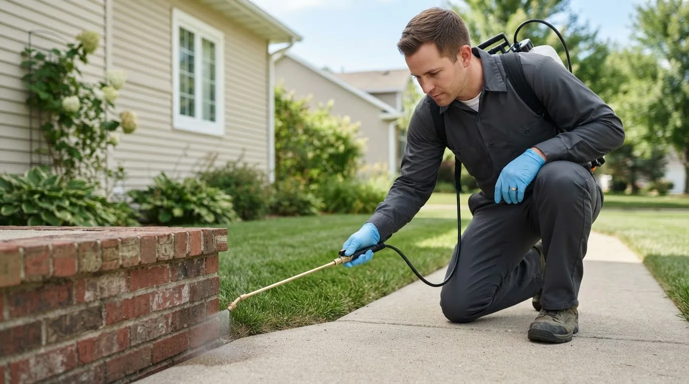 Pest control technician treating a home near Valencia, CA
